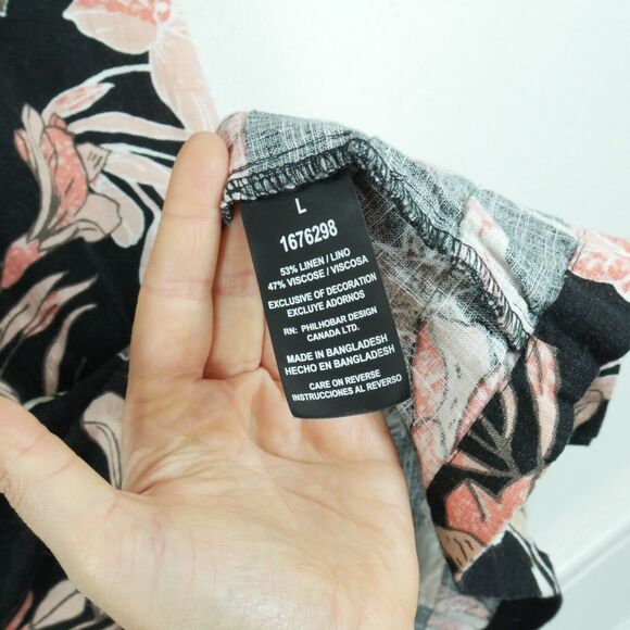 Nicole Miller Large Dress 100% Linen Relaxed Popover Beachy Dark Floral Ruffle - Picture 6 of 7